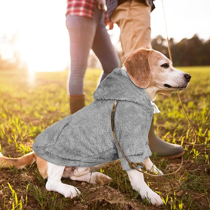 Dog Sweater,Dog Hoodies,Warm Fuzzy Fleece Sweatshirt with Hood & Pocket,Leash Hole,Cozy Cold Weather Pet Clothes Pet Sweater for Small,Medium,and Large Dogs(Grey,L)