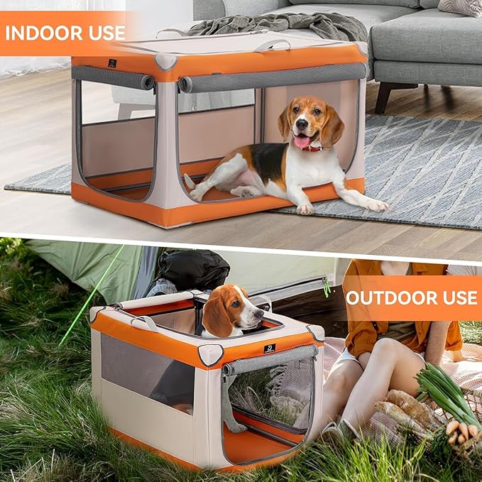 A4Pet Dog Crates for Medium Dogs, Travel Dog Crate 30Inch, Easy On The Go, Easy to Stow, Adjustable Compatibility, Lightweight, Orange&Beige
