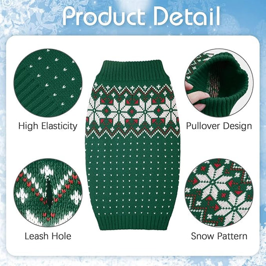 Kuoser Dog Christmas Sweater, Soft Warm Xmas Sweaters for Small Medium Large Dogs Boy Girl, Comfortable Dog Sweater with Leash Hole Snowflake Puppy Knit Outfit for Holiday Winter Fall, Green XS