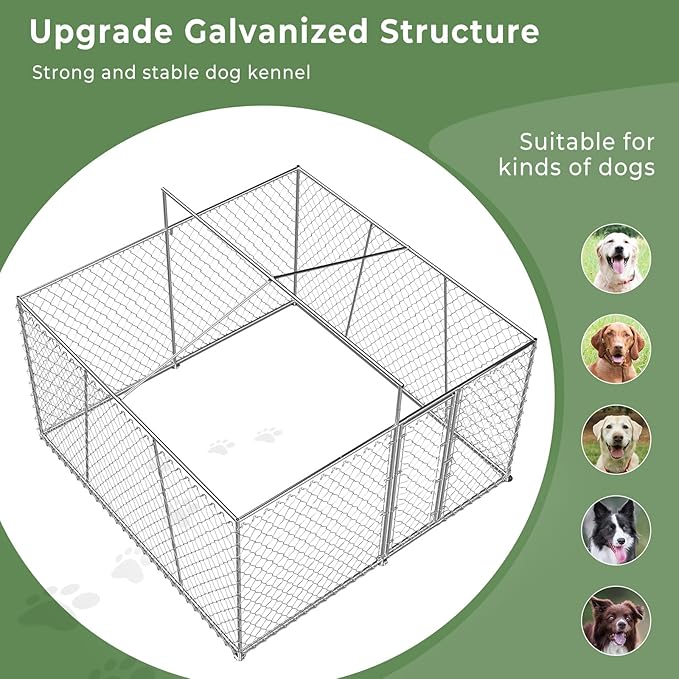 Lyromix Upgraded 10×10FT Outdoor Dog Kennel with Roof, Large Dog House Pen Enclosure with Sidebar, Heavy Duty Chain Link Kennel with Lock for Outside Backyard