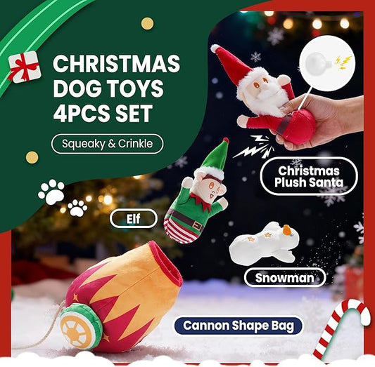 Nocciola Christmas Squeaky Dog Toys 4PCS, Interactive Hide and Seek Dog Toys Christmas Theme- Santa/Snowman/Elf in Cannon Toys Plush, Crinkle Dog Chew Toys for Large Medium Small Dogs