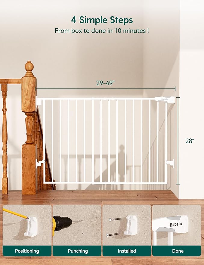 Babelio Baby Gate for Stairs, Kitchen & Doorways, No Bottom Bar| Easy Installation| One-Handed Operation| Auto-Close| Hardware Mount (Drill Needed) Safety Dog Gate (White-B17, 29-49" W, 28" H)