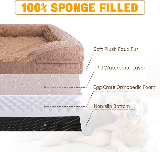 Orthopedic Dog Bed for Extra Large Dogs, 35x25 Inch Waterproof Egg Crate Memory Foam Dogs Bed with Detachable Top, Dog Couch with Zipper Washable Cover, Nonslip Bottom for Living Room, Brown