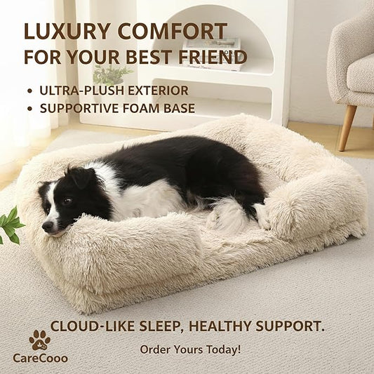 Orthopedic Dog Bed for XL Dogs - Washable Memory Foam Pet Sofa, Fluffy Plush Rectangular Bed, Waterproof Anti-Anxiety Couch, Light Gray, XL