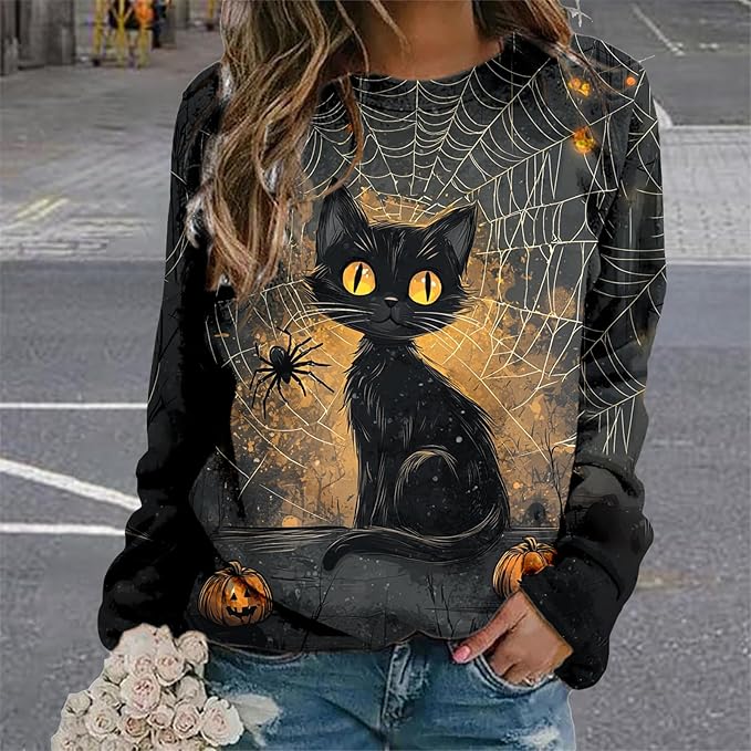 MARSVOVO Fall Sweatshirt for Women Novelty Spider Web Shirt Dressy Casual Crewneck Tunic Tops Spring Graphic Pullover