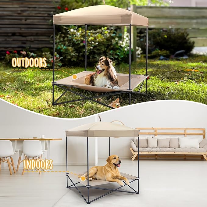 Piper Pop-Up Canopy Cot - Large Foldable Elevated Dog Bed with Waterproof Shade, Cooling Mesh, Heavy Duty up to 110 lbs, Perfect for Camping and Home, Tan, 35"x 35"