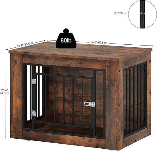 YITAHOME 32.5" L Dog Crate Furniture for Medium Dogs, 2-in-1 Iron-Wood Fusion Dog cage Indoor up to 40 lb, Side End Table, Modern Dogs Kennel with Waterproof Top, Safety Corners,Steel Lock,Rustic