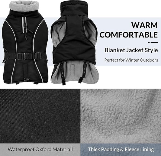 Queenmore Winter Dog Coat Warm Dog Jacket Vest Waterproof Puffer Fleece Snowsuit Adjustable Buckle Leash Hole Reflective Cold Weather Parka for Small Medium Large Dogs Girl Boy Black M