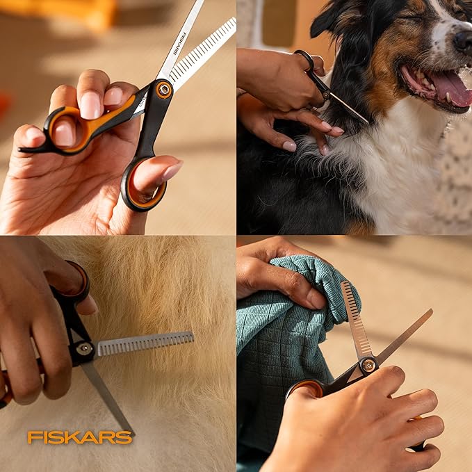 Fiskars Pet Blending Scissors, Dog and Cat Grooming Scissors, Serrated Teeth for Thinning & SoftGrip Handle, 6.5”, Orange/Black