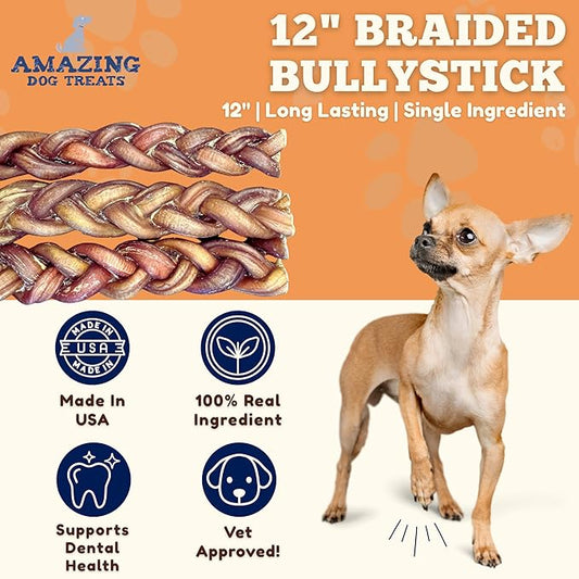 Amazing Dog Treats 12" Braided Bully Stick (5 Pcs/Pack) Bully Stick for Dogs - Made from Premium Grass Fed Beef