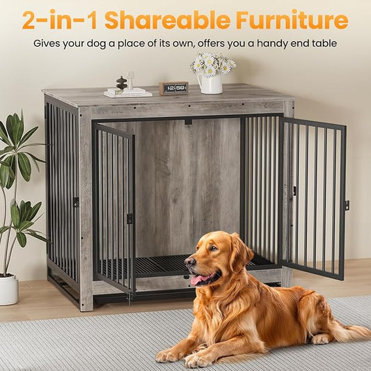Dog Crate Furniture, 42 InchI ndoor Large Dog Kennel for Medium to Large Dogs Up to 70 LBS, Heavy Duty Wooden Pet Cage End Table with 3 Doors, Alloy Steel Frame & Removable Tray