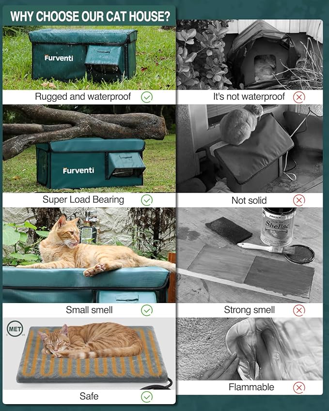 Heated Cat House for Outside with Dual Doors, Insulated Cat House Outdoor with Heating Pad, Weatherproof Heated Outdoor Cats Houses Weatherproof for Feral Cats (Deep Green, 17.5" L x 12" W x 13" H)