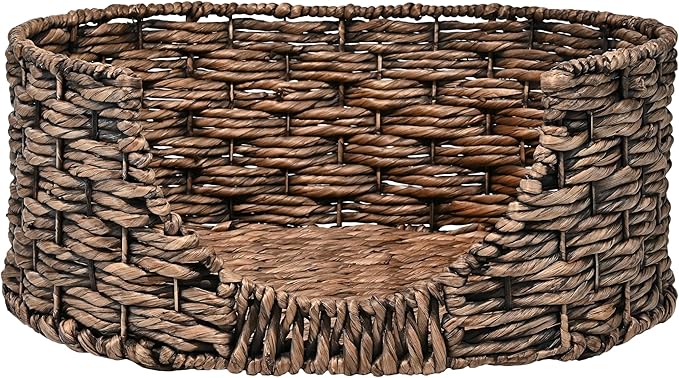 DBD4001B Perri 24" x 18" Classic Farmhouse Handwoven Hyacinth Oval Pet Bed with Machine-Washable Cushion, Brown