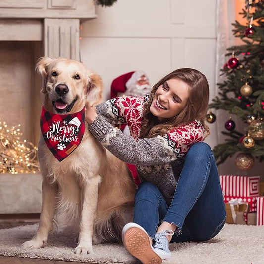 ADOGGYGO Christmas Dog Bandanas, Red Green Plaid Dog Scarf Bib, Premium Cotton Fabric, Multiple Sizes, Merry Christmas Bandanas for Large and Extra Large Dogs Pets (X-Large)