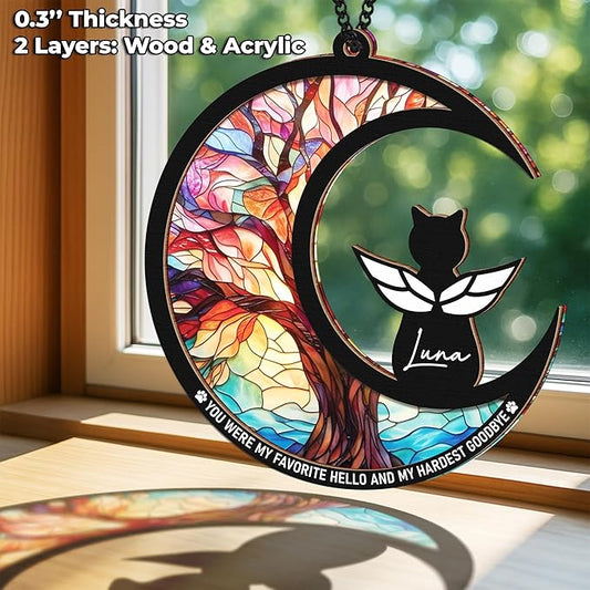 6" DIY Cat Angel Memorial Suncatcher, Engraved Pet Memorial Ornament, Pet Sympathy Keychain, Loss of Animal Sympathy Card, Rainbow Bridge Cat Loss Gift, My Favorite Hello Hardest Goodbye PS191