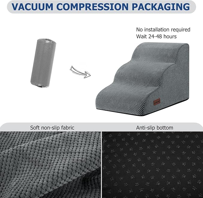 Dog Ramp and Stairs for Small Dogs & Cats,3-Step Pet Stairs for Couch Sofa and Chair,Indoor Anti-Slip Dog Stairs for Old Cats and Puppy,Grey