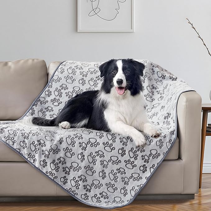 Stuffed Premium Soft Dog Blanket, with Flannel Grey Cute Paw Print, 43 * 66 inches, Self Warming Cat Blanket Puppy Supplies Dog Products Stuff Essentials