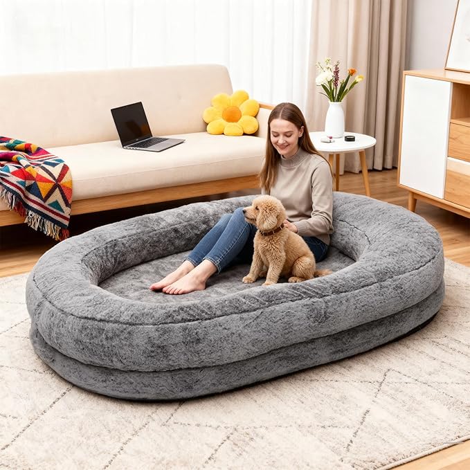 Luxury Plush Donut Pet Bed, Large Round Cushioned Dog Bed, Gray (Plush Surface)