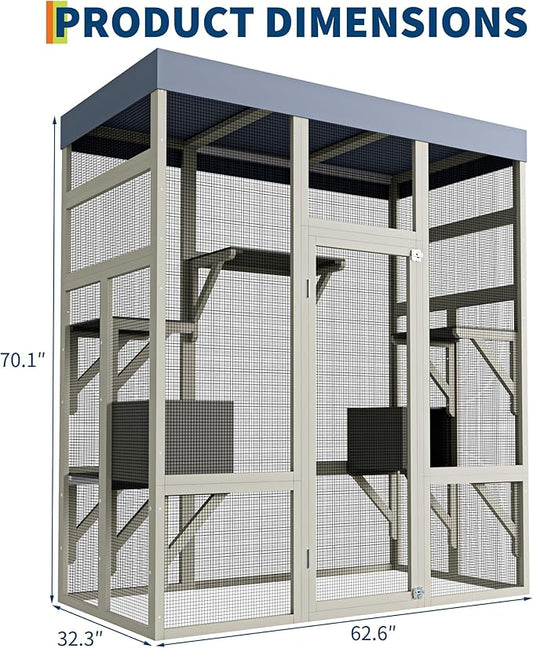 70" Large Outdoor Catio Cat Enclosure, Wood Cat Patio with Waterproof UV-Resistant Roof, Cats Shelter with 5 Platforms and 2 Resting Box, and Secure Rust-Proof Wire for Backyard or Patio