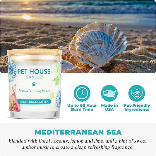 One Fur All Pet House Candle Plant-Based/Soy - Clean Burning Scented, Long Lasting Pet Odor Candle for Home - Mediterranean Sea