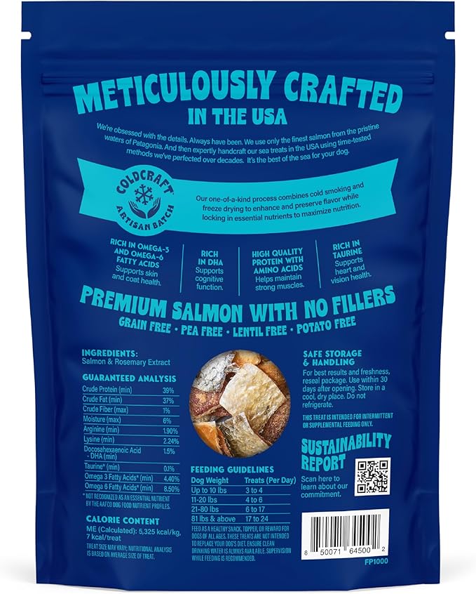Finfare Freeze Dried Dog Treats, Salmon Skin Bites, Protein & Omega-3s, Grain Free Salmon Dog Training Treats, Crafted in USA, 2oz