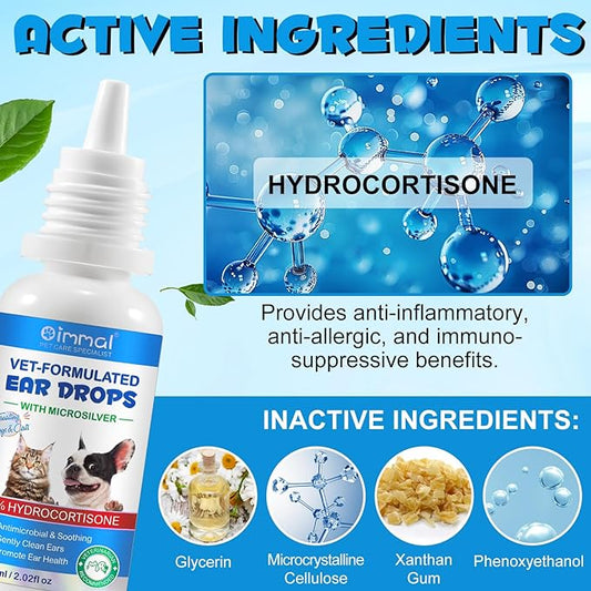 Dog & Cat Ear Infection Treatment Drops, Pets Ear Cleaning Drops with 1% Hydrocortisone for Dog & Cats Yeast Infection, Itchy Ear Relief, Pet Ear Care Supplies for Dogs & Cats -2fl oz