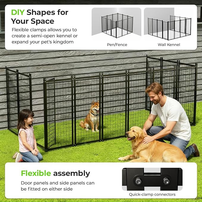 Dog Kennel Outdoor, 10x10 FT Heavy Duty Dog Pens Outside with Waterproof Roof, Metal Dog Run Fence with Galvanized Welded Wire Steel for Puppy Playpen