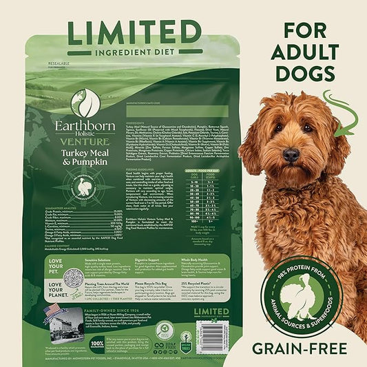 Earthborn Holistic Venture Turkey Meal & Pumpkin Limited Ingredient Diet Grain-Free Dry Food for Adult Dogs (25 lb. Bag)