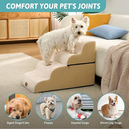 Dog Stairs for Small Dogs 19.7" H, Detachable Dog Step for Puppy or Older Cat, Ramp for Bed, Sofa, Couch or Chair, Ladder with High Density Foam, 15.7x28.3x19.7 inch, 4 Step, Beige