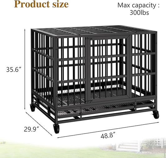 JY QAQA 48/38 Inch Heavy Duty Indestructible Dog Crate Double Doors Escape Proof Cage Kennel,Enhanced Metal Pet Cage,Extra Large XL XXL Crate Indoor for Large Dog with Removable Tray,Lockable Wheels