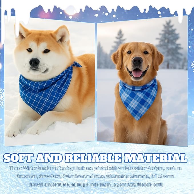 Abbylike 100 Pcs Winter Plaid Dog Bandanas Bulk Blue Bandanas for Dogs Triangle Kerchief Bibs Scarf for Small Medium Large Pets Winter Costume Accessories, 25 Styles (25.6 x 17.7 x 17.7 Inch)