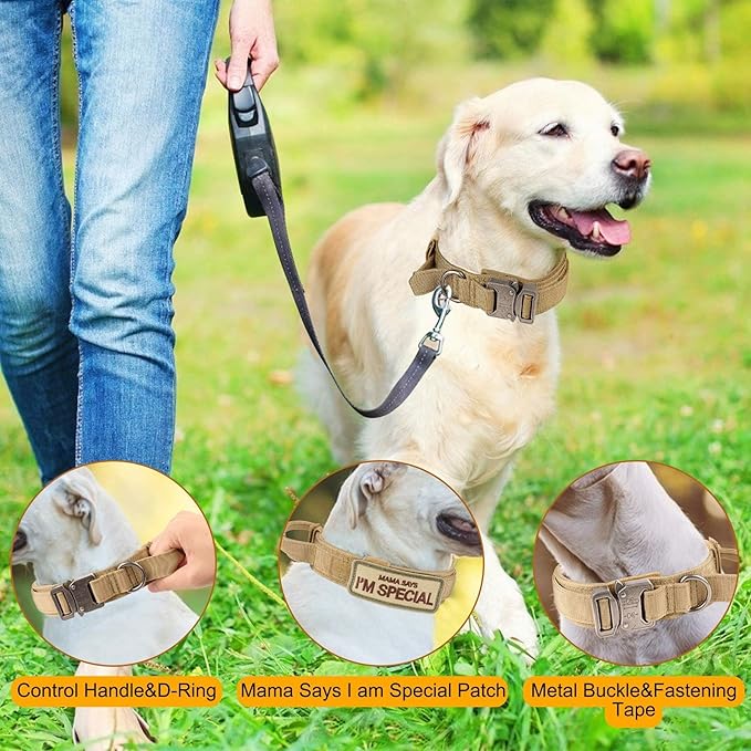KCUCOP Tactical Dog Collar with Handle,Adjustable Military Dog Collar with Metal Buckle and Patches,Heavy Duty Dog Collars for Medium and Large Dogs (Brown-L)