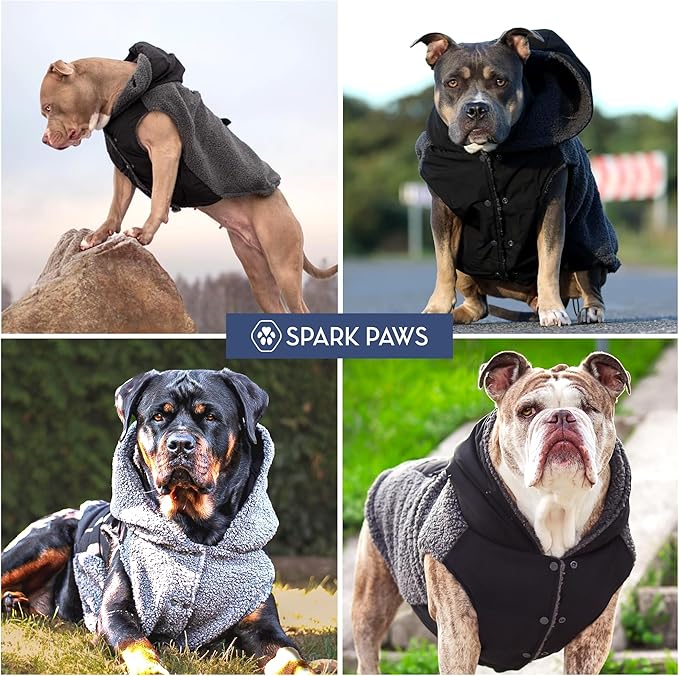 Spark Paws Reversible Fleece Dog Jacket, Hooded Sweater Vest, Warm Coat for Winter - Suitable for Small Medium Large XL XXL Dogs - Black and Grey - XL