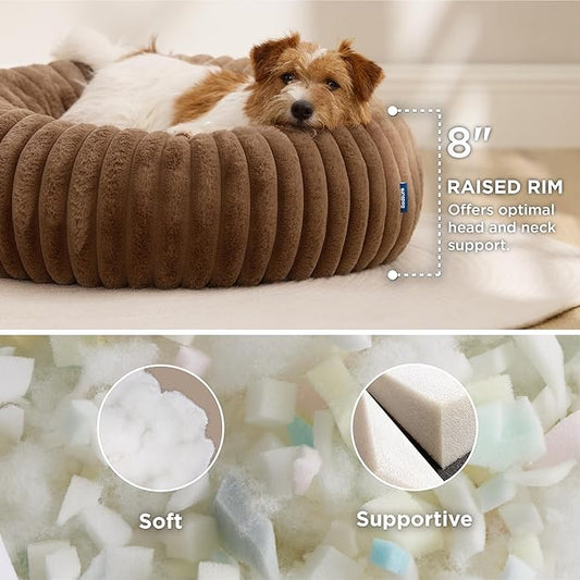 Bedsure Donut Small Dog Bed - Dog Beds for Small Dogs with Corduroy Fleece & Anti Slip Bottom, Round Faux Fur Pet Beds with Washable Removable Cover, Camel Brown, 27x27x8 inches