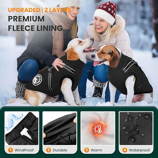 PETCARE Winter Dog Coat with Harness Built in Waterproof Dog Jackets Warm Pet Fleece Vest Windproof Snow Jacket Snowsuit Reflective Dogs Cold Weather Coats for Puppy Small Medium Large Dogs Cats
