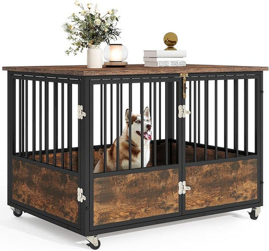 DWVO Dog Crate Furniture with Wheels, 43 Inch Dog Kennel Indoor Furniture End Table Dog Crate for Dogs, Farmhouse Decorative Wooden Dog Cage Table with Double-Doors, Chew-Resistant, Rustic Brown