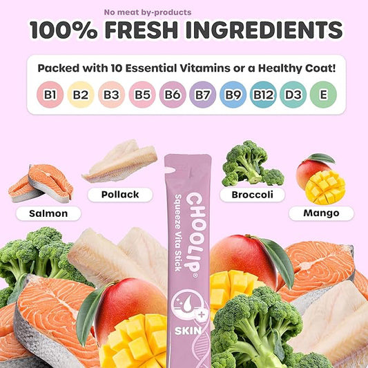 Choolip Squeeze Vita Stick Lickable Cat and Dog Treats – 49-Count Skin Support Sticks with Multivitamins, Soft Squeezable Paste for All Life Stages, Supporting Skin Health - Box with 7 Pouches