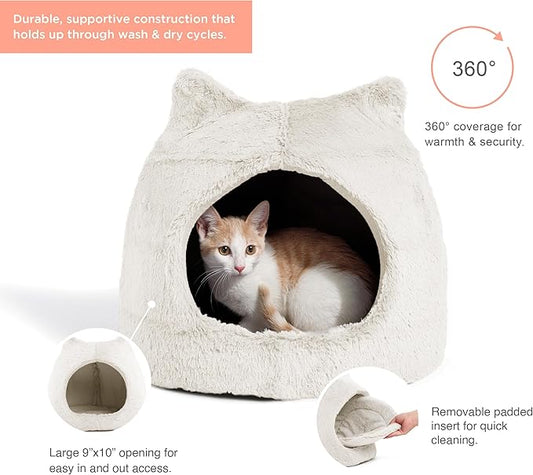Best Friends by Sheri Meow Hut Fur Dome Pet Bed – Covered Cat Cave for Cats & Small Dogs up to 15 lbs, Faux Fur Hideaway with Water-Resistant Bottom, Machine Washable, Ivory