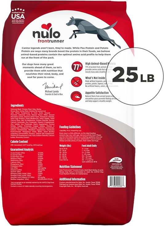 Nulo Frontrunner Dry Dog Food - Adult High-Protein Beef, Barley & Lamb Recipe, Natural Kibble with Ancient Grains, Probiotics, Taurine, Omega 3 for Small, Medium and Large Breeds, 25lb Bag