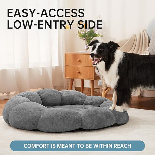 OhGeni 36 inches Calming Donut Orthopedic Dog & Cat Bed for Large Pets, Warming Comfort Fluffy Short Pile Fur, Durable Waterproof Machine Washable Removable Cover, Round Bed for Puppy, Dark Gray