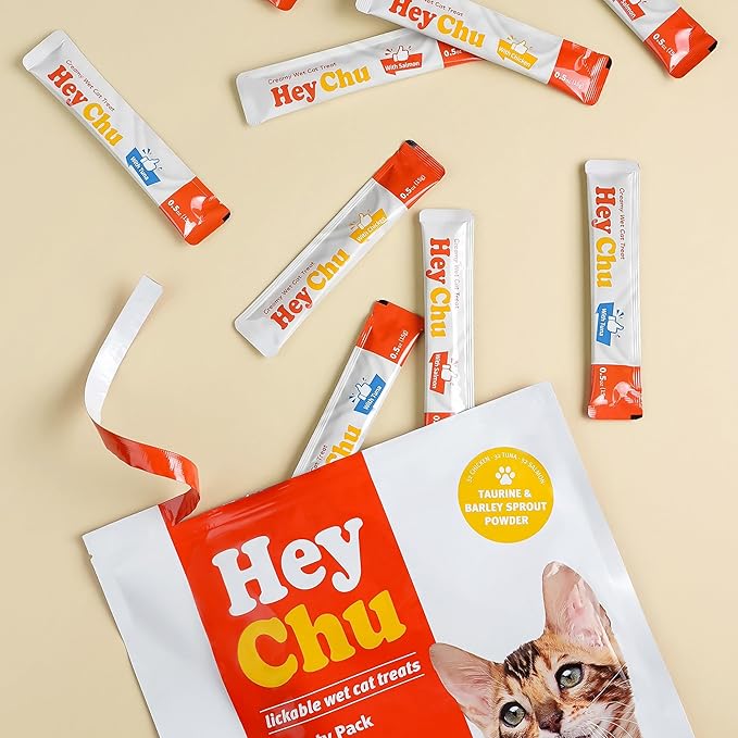 HEY CHU Squeezable Cat Treats, Lickable Puree, Grain-Free, 96 Tubes, Tuna Salmon Chicken, 0.5oz Each Tube