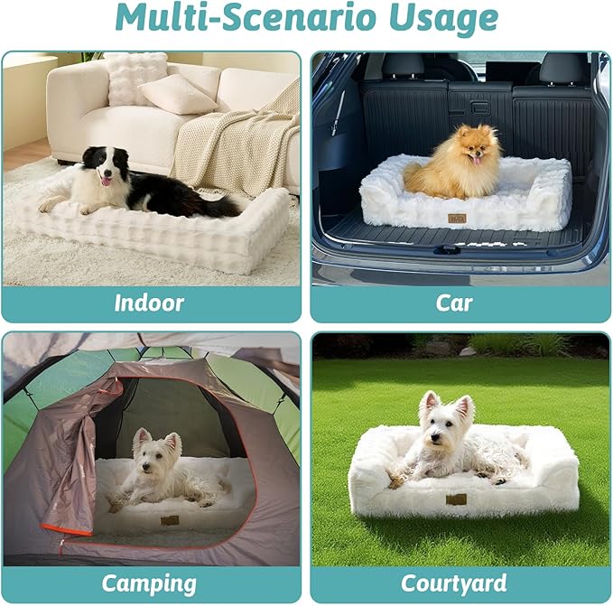 Faux Fur Orthopedic Dog Bed, Dog Bed for Medium Size, Supportive Foam Pet Sofa with Waterproof Lining Cover, Washable U-Shaped Pet Couch with Anti-Slip Bottom, Beige M 30x20x6.5 inch