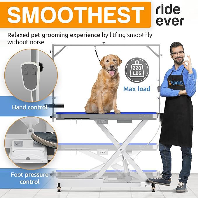 KANIS - 50" Professional Stainless Steel Dog Bathing Station, Left RAMP + 49" Professional Electric Dog Grooming Table, White