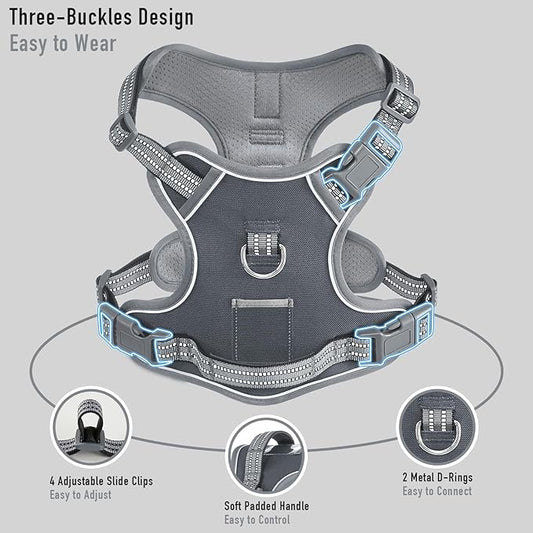 XSmall Dog No Pull Dog Harness, Adjustable Dog Vest for Easy Walking, Breathable Oxford Material, Reflective Strips with Metal Front Clip Control, Corgi, Pug, Terriers, Gray, XS
