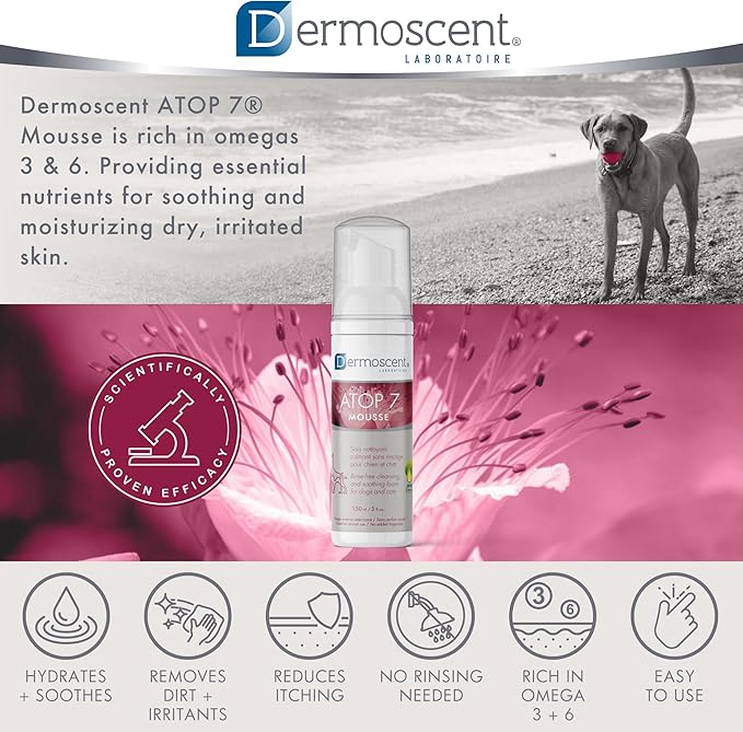 Dermoscent ATOP 7 Mousse - Waterless Dog Shampoo for Dogs & Cats - Cleansing Soothing Dry Shampoo for Itchy Skin Relief & Allergy-Prone Skin - 150 ml