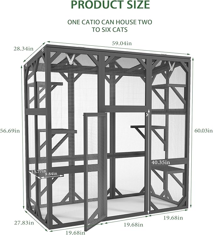 Ball & Cast 59" Wooden Catio Enclosure Outdoor Cat House with Anti-UV& Waterproof, Platforms and Resting Boxes Walk-in Cat Kennel Shelter for Indoor,Dark Grey