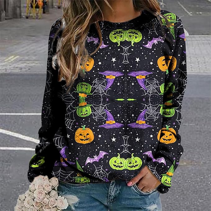 MARSVOVO Fall Sweatshirt for Women Novelty Spider Web Shirt Dressy Casual Crewneck Tunic Tops Spring Graphic Pullover
