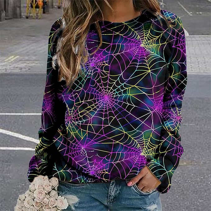 MARSVOVO Fall Sweatshirt for Women Novelty Spider Web Shirt Dressy Casual Crewneck Tunic Tops Spring Graphic Pullover