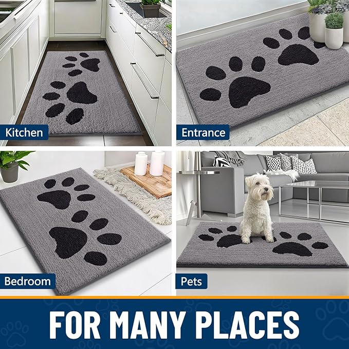 Smiry Dog Door Mat for Muddy Paws 30x20, Dirt Trapper Non Slip Washable Indoor Doormats, Absorbent Entryway Carpet for Inside Floor, Grey