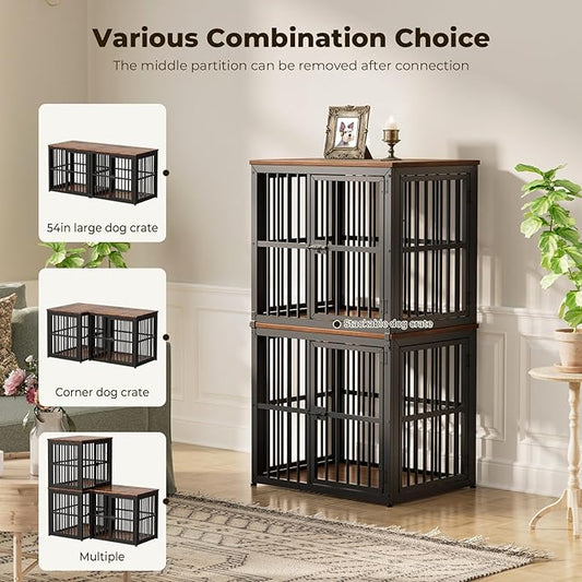 Lyromix 54'' Dog Crate Furniture with Double Rooms,Wooden Crate End Table Heavy Duty Indoor Puppy Cage for 2 Small Dogs, Multiple Units Can be Combined, Rustic Brown